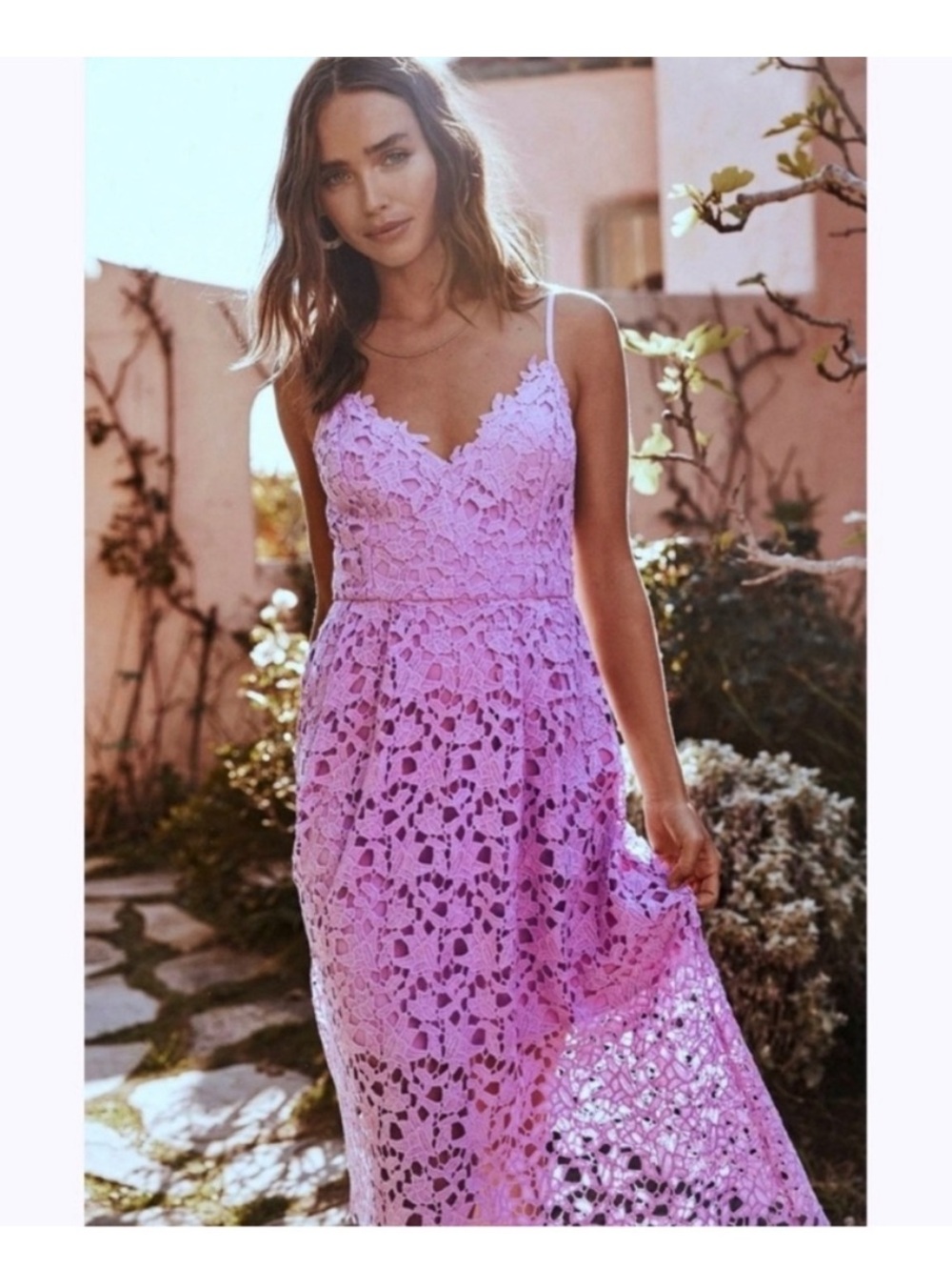 ASTR Lilac Crochet Maxi Dress with Spaghetti Straps Medium